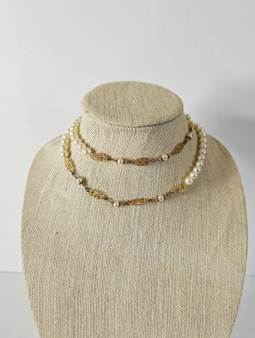 Vintage Faux Pearl Gold Filigree Scrollwork Opera Length Linked Station Necklace